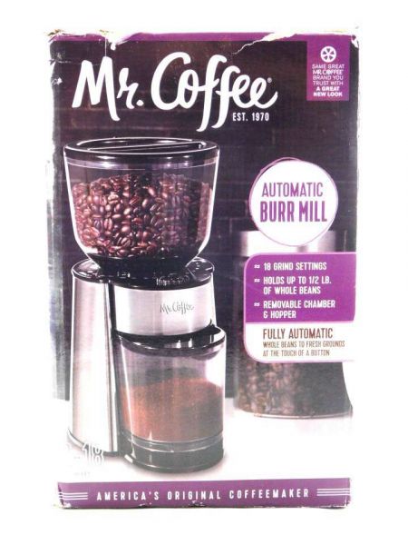 Mr. Coffee Automatic Silver Burr Mill Grinder with 18 Custom Grinds 