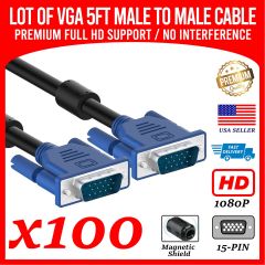 Lot of 100 VGA to VGA Cable 5ft 1080p HD Male to Male Monitor Laptop PC Computer