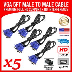 5 Pack - Brand New VGA cable High Definition  5Ft 1080p HD Monitor Laptop DVD