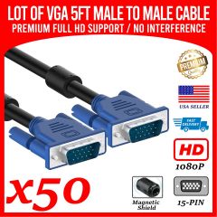 Lot of 50 VGA Video Cable 5ft 1080p HD Male to Male Monitor Laptop PC Computer