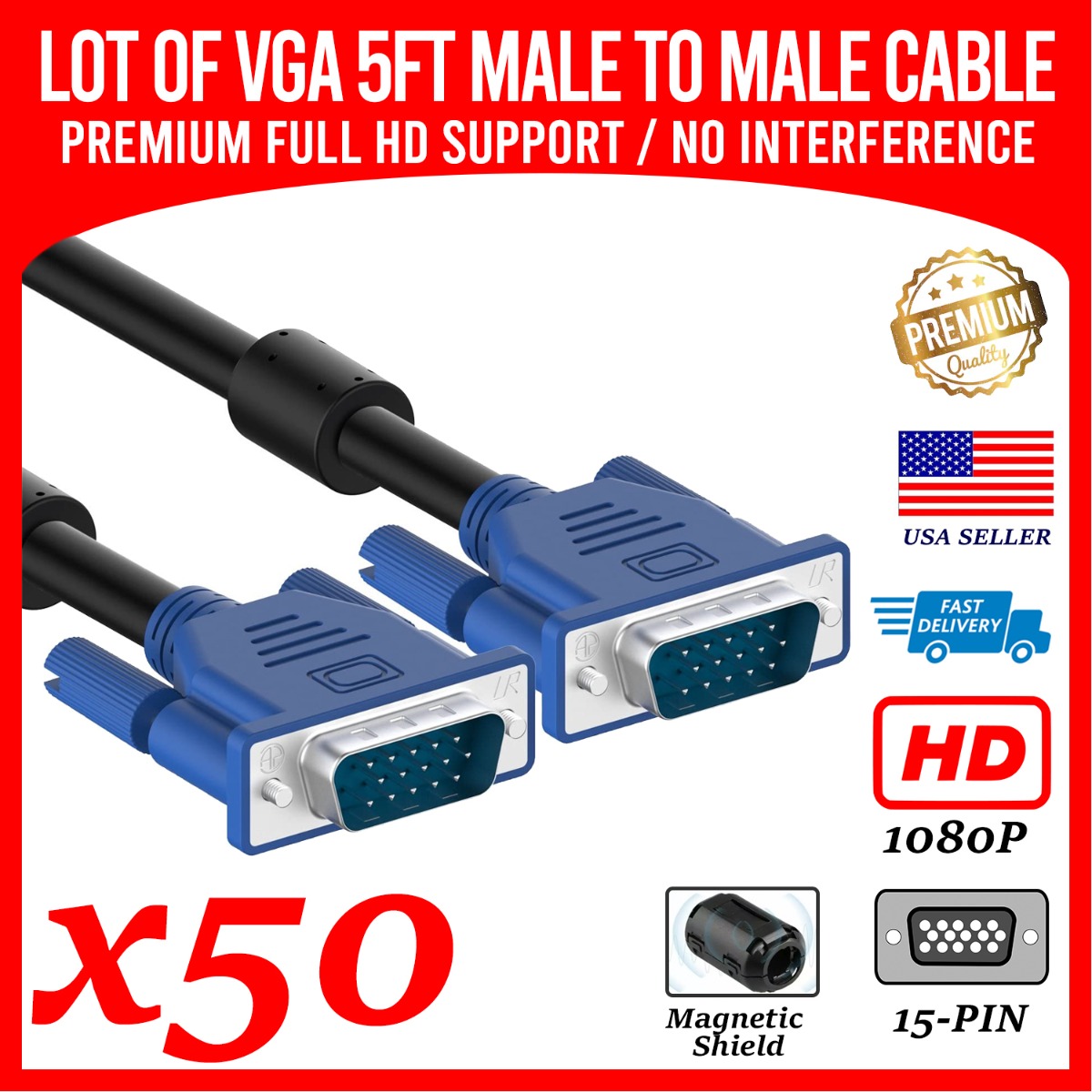 50 Pack of Brand New VGA Cable Excellent Quality No Interference Full